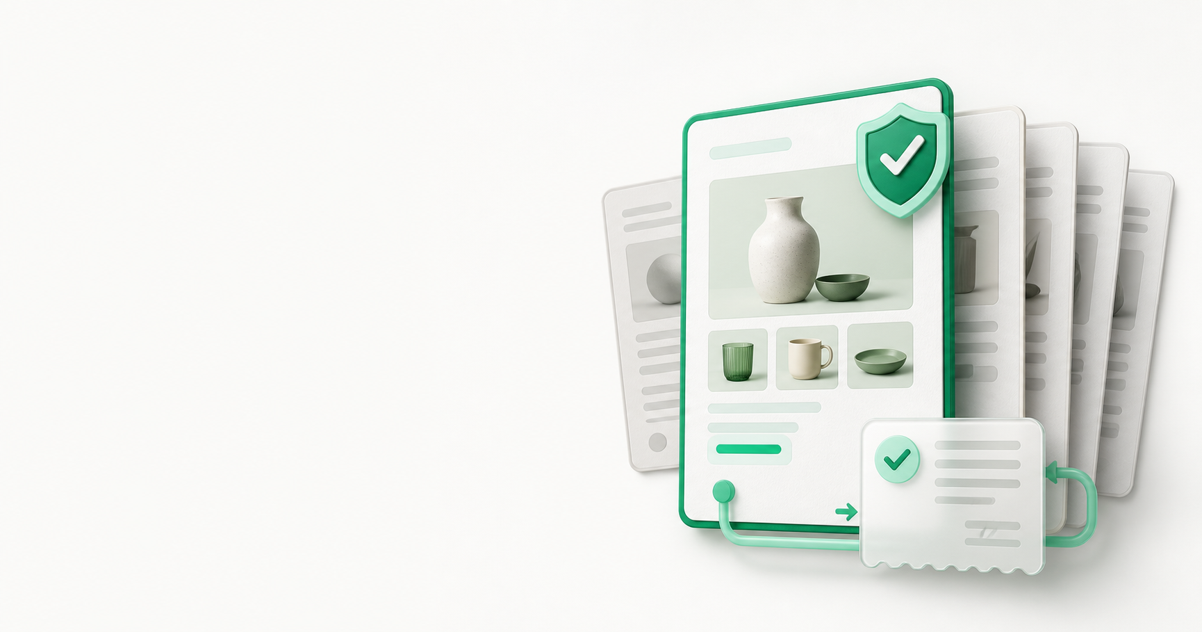 Five ecommerce article cards with one verified product-led article in front